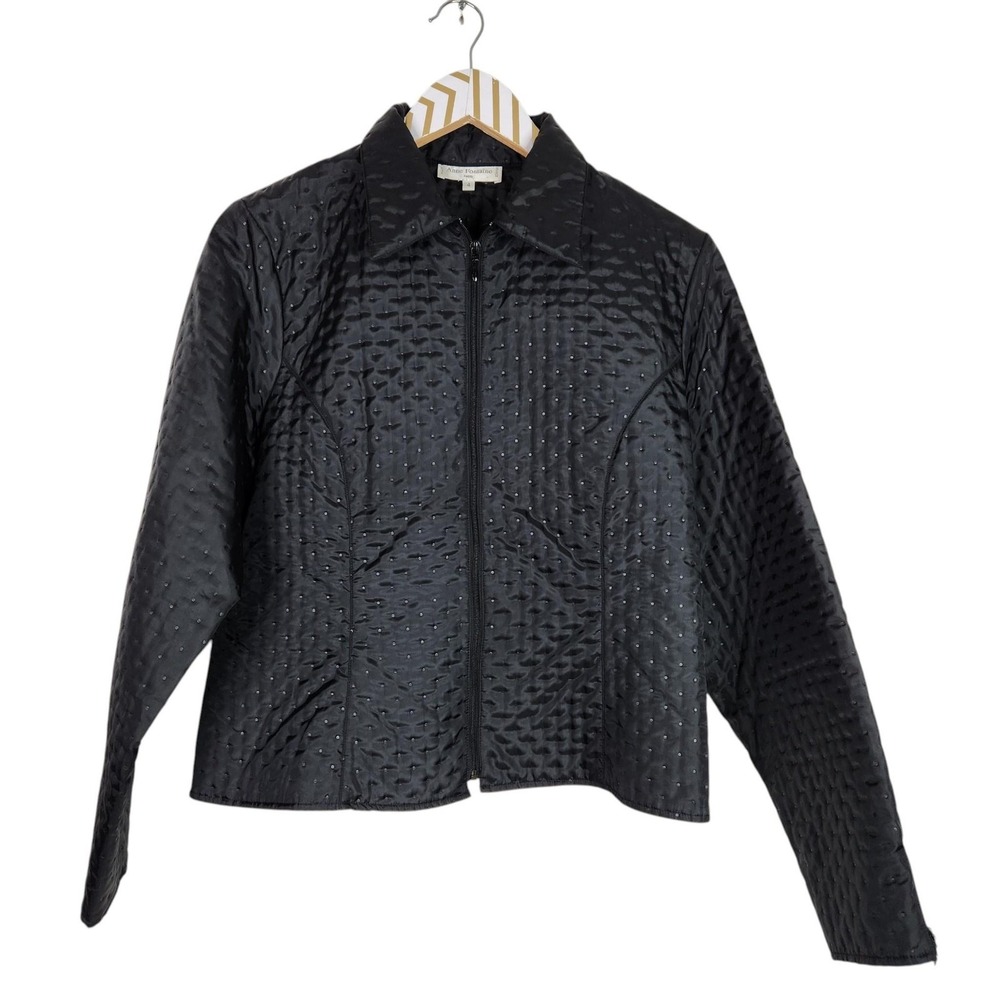 ANNE FONTAINE Jacket Womens 4 Black Quilted Polka Dot Satin Collared Zip‎ France